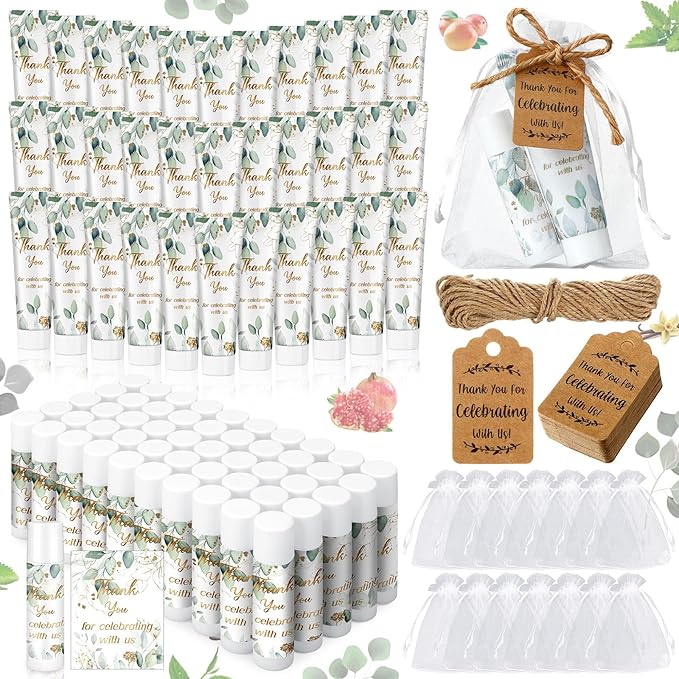 200 Pcs Baby Shower Wedding Party Favors Gift Set, 50 Pcs Baby Shower Hand Cream and 50 Lip Balm for Wedding Bridesmaid Guests Gift Supplies with 50 Organza Bag 50 Thank You Tag(Eucalyptus)