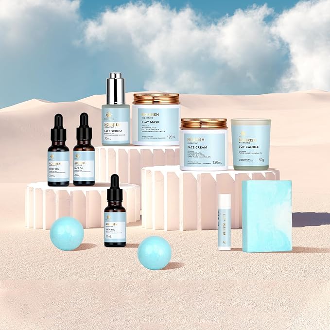 Spa Gift Set, 28pcs Ylang Facial Skin Care Set includes Face Cream, Bath Oil, Serum, Shower Accessories, Clay Mask. Bath & Body Set, Body & Facial Kit for Women & Men, Birthday, Christmas, Dad, Mom