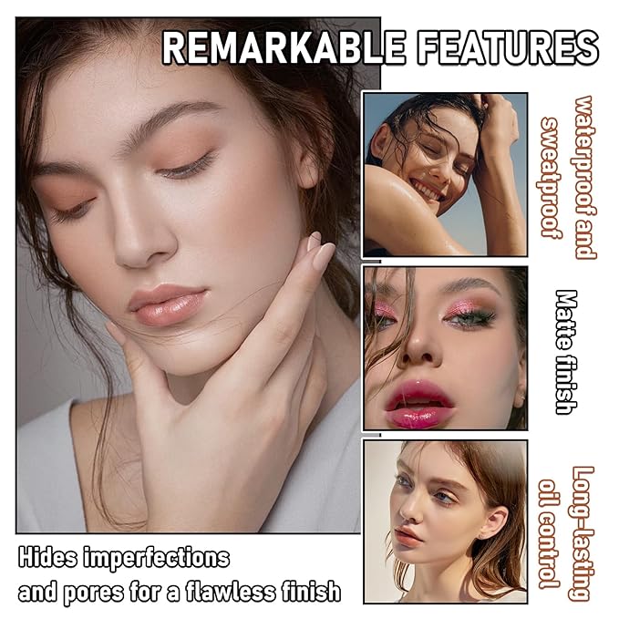 Full Coverage Liquid Foundation Makeup Set,Oil Control Concealer Long Lasting Waterproof Loose Setting Face Powder,Moisturizing BB Cream Set with Soft Makeup Sponge and Foundation Makeup Brush（4PCS）
