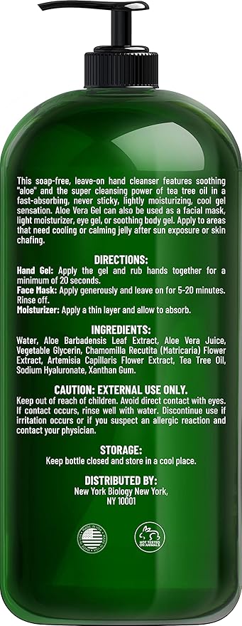 New York Biology Aloe Vera Gel for Face, Skin and Hair - Infused with Tea Tree Oil - From Fresh Aloe Vera Plant - Moisturizing Aloe Vera for Sunburn Relief and Dry Skin - 16.9 Fl Oz