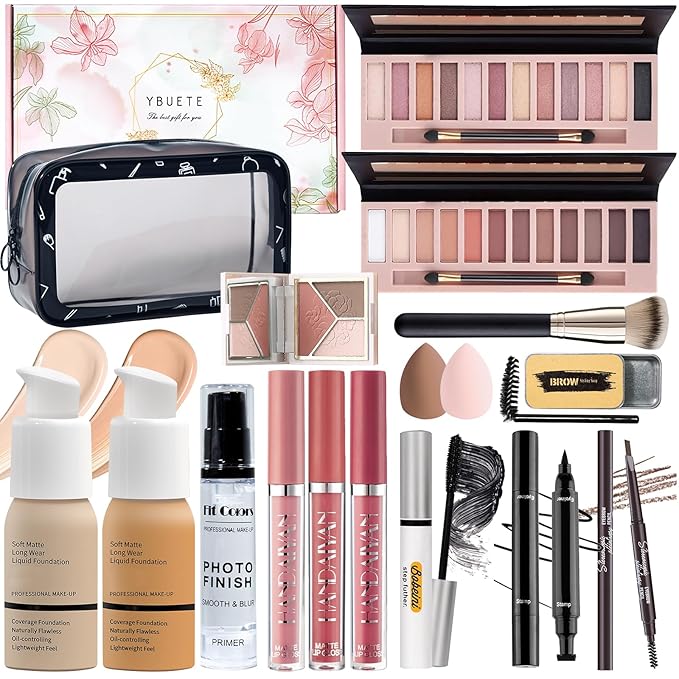 Makeup Set Kit for Women Full Kit, Makeup Present for Women Teen Girl, Eyeshadow Foundation Face Primer Brush 3 in 1 Palette Lip Gloss, Eyebrow Soap Mascara Eyeliner cosmetic bag