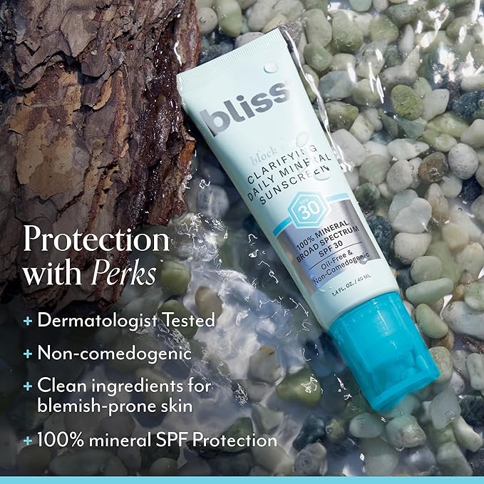 Bliss Block Star Clarifying Daily Mineral Sunscreen Broad Spectrum SPF 30, Blendable Pore Safe Formula for Blemish Prone Skin with Salicylic Acid and Witch Hazel, 1.4 Fl Oz
