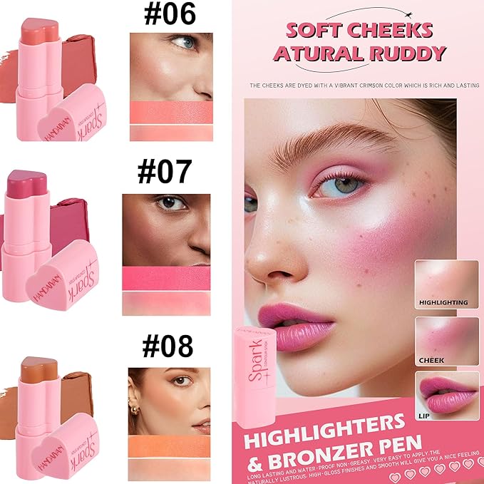 Heart Blush Stick, Matte Rouge Stick, Cheek Contour (07#, 0.) 21 OZ