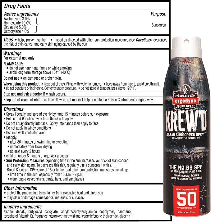 Ergodyne KREW'D 6353 Sunscreen Spray, Broad Spectrum SPF 50, Water Resistant, 5.5 oz, 2-Pack