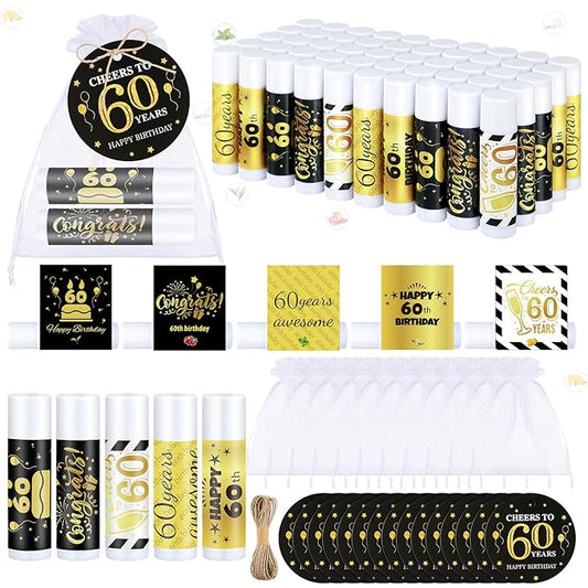 50 Sets 60th Birthday Favors Lip Balm Gifts Bulk Moisturizing Lip Balm with 50 Organza Drawstring Gift Bag 50 Tags 60th Birthday Party Supplies Gifts Bulk for Men and Woman