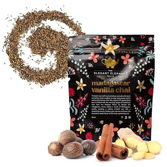 Madagascar Vanilla Chai Tea, Organic Loose Leaf Chai Tea – Black Tea with Chai Spice Blend – Great Hot or Iced Chai Latte – 4 oz Resealable Bag (Makes 50 Cups) – The Elegant Elephant
