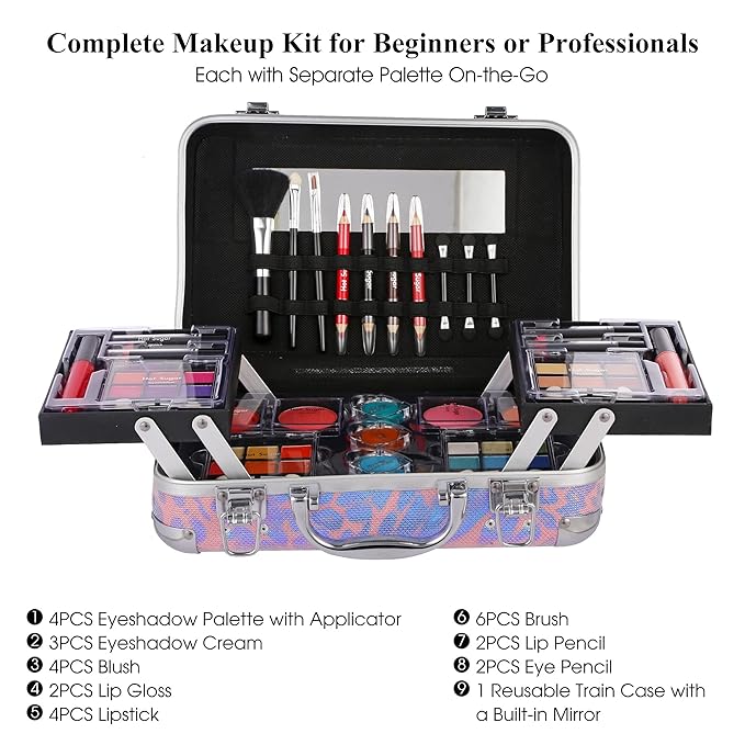 Hot Sugar All In One Makeup Set for Adults and Girls - Full Makeup Kit for Beginners With Eye Shadow Palette, Blush, Lip Gloss, Brush, Mirror (Pink Leopard)