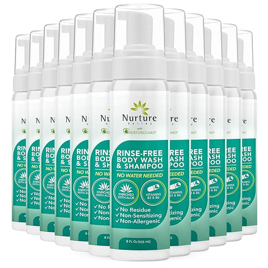 Nurture Rinse Free Body Wash & Shampoo w/Aloe | Hospital Grade Hair & Body Waterless Cleansing Foam | Women, Camping, Elderly & Hospital Patients | Shower Bath Hand Soap for Sensitive Dry Skin