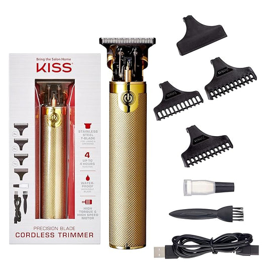 KISS Precision Blade Cordless Trimmer with Stainless Steel T-Blade, Powerful High-Torque, High-Speed Motor, 3 Blade Guard Attachments & Blade Cover, USB Cable & Long-Lasting Lithium Ion Battery