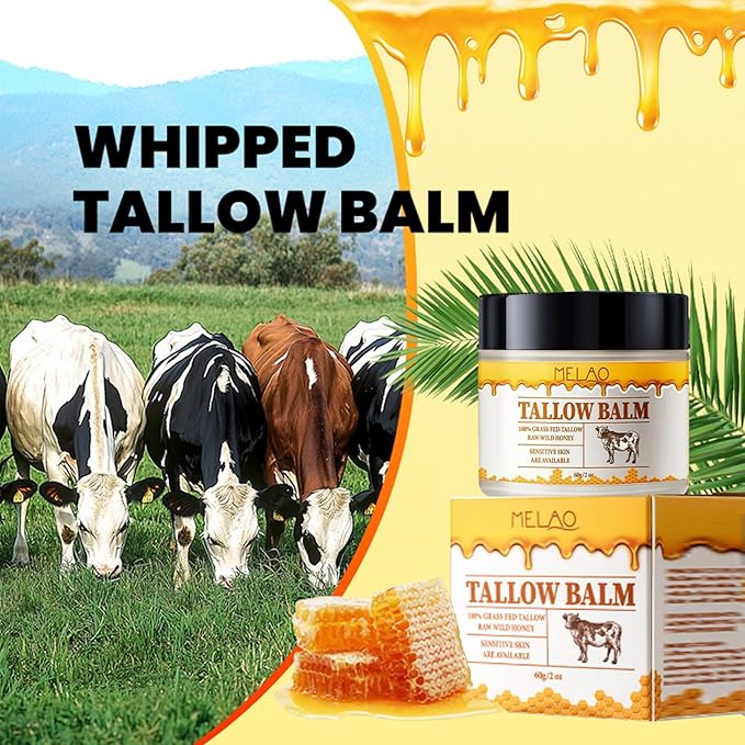 Whipped Beef Tallow and Honey Balm, Grass Fed Grass Finished Face Cream for All Skin Types - Grass-Fed Beef Tallow & Raw Wild Honey Blend - All-Natural Moisturizer for Face & Body, 2 OZ