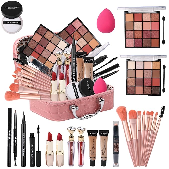 Makeup Kit for Teen Girls,All in One Makeup Kit for 2X16 Colors Eyeshadow Liquid Foundation Eyeliner Pencils Contouring Stick Lip Gloss Eyebrow Pencils 8Pcs Makeup Brushes etc (pink)