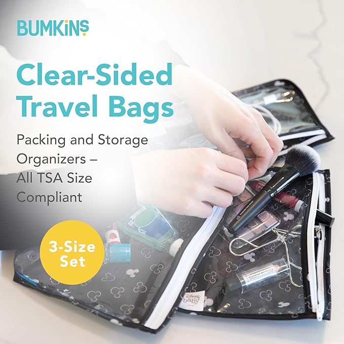 Bumkins Disney Travel Bag, Toiletry, TSA Approved Pouch, Zip Bag, Quart Size Airline Compliant, Clear-Sided, Baby, Diaper Bag Organization, Accessories, Packing, Set of 3 Sizes, Mickey Mouse Icon