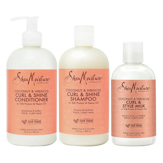 SheaMoisture Moisturize and Define Shampoo, Conditioner and Styling Milk for Curly Hair Care Coconut and Hibiscus with Shea Butter and Coconut Oil