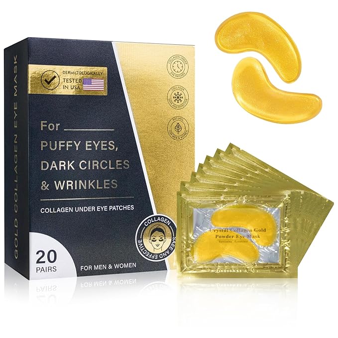 Under Eye Patches for Puffy Eyes and Dark Circles (20 Pairs), Under Eye Gold Mask with Hyaluronic Acid & Collagen to Reduce Wrinkles and Relieve Pressure, Eye Care Treatment for Men & Women Gift