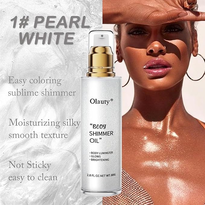 Shimmer Body Oil, Highlighter Makeup Smooth Glitter Glow Liquid Foundation for Face & Body,Liquid Illuminator Body Shimmer Lotion for Women (1# Pearl White)