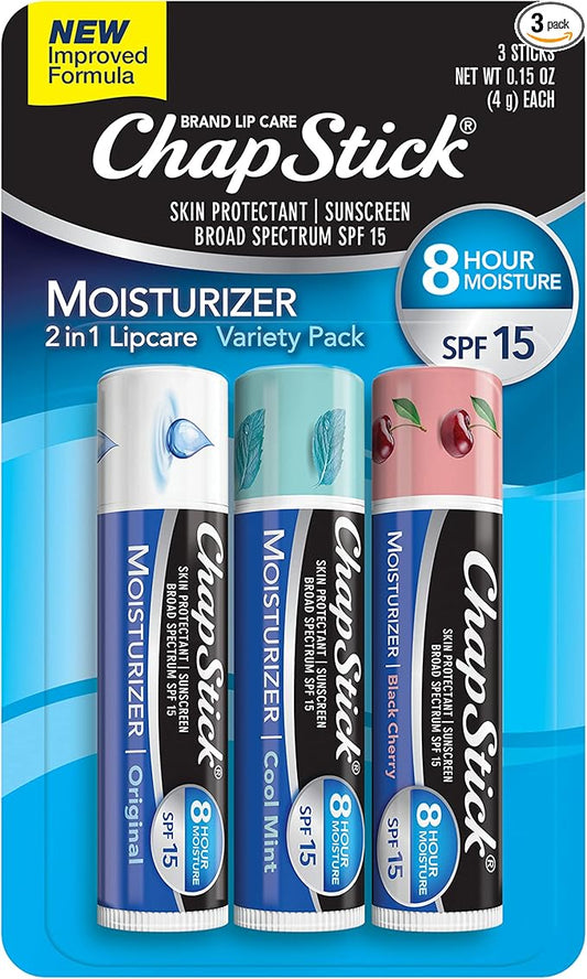 ChapStick Moisturizer Original, Black Cherry and Cool Mint Lip Balm Tubes Variety Pack, SPF 15 and Skin Protectant - 0.15 Oz (Pack of 3)