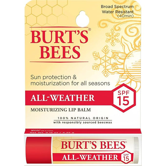 Burt's Bees All Weather SPF 15 Lip Balm, Water-Resistant Lip Moisturizer, Tint-Free, Natural Conditioning Lip Treatment, 1 Tube, 0.15 oz.
