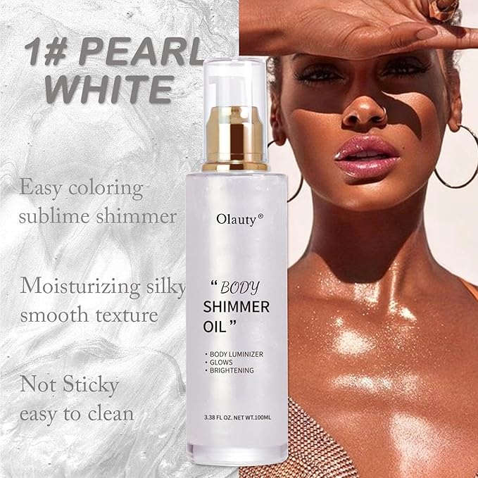 Shimmer Body Oil-Pearl White Face Brighten Glow Pearl Highlighter Liquid Illuminator Body Glow Oil,4 Color Bronze Makeup Glitter Body Shimmer Oil with Makeup Brush
