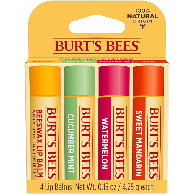 Burt's Bees Lip Balm - Original Beeswax, Cucumber Mint, Watermelon & Sweet Mandarin, With Responsibly Sourced Beeswax, Tint-Free, Natural Origin Treatment, 4 Tubes, 0.15 oz.