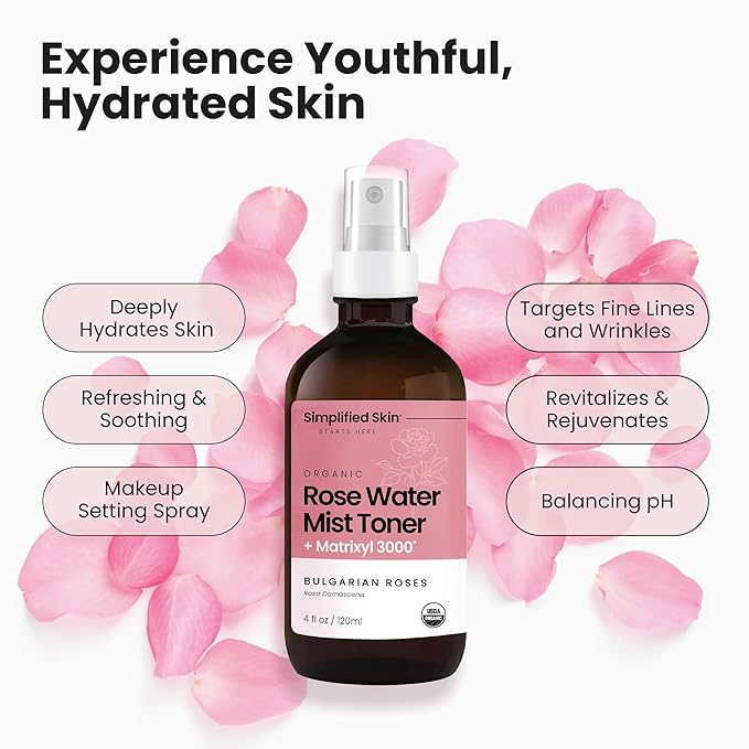 Rose Water Spray for Face with Matrixyl 3000 - Organic Rosewater Face Mist with Aloe Vera & Hyaluronic Acid - Hydrating, Reduces Fine Lines, Boosts Collagen Production, & Soothes Skin - 4 Fl Oz