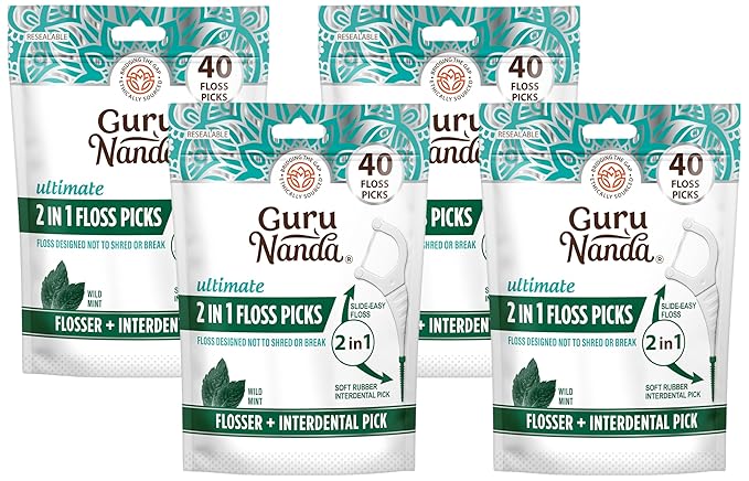 GuruNanda 2 in 1 Dental Floss Picks - Non-Slip Grip Handle, Slide Easy, No Break or Shred Flosser - Complete Oral Care with Interdental Pick for Healthy Teeth & Gums - Mint Flavor, 40 Count (4 Pack)