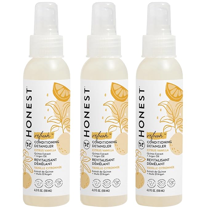 The Honest Company Conditioning Hair Detangler 3-Pack | Leave-in Conditioner + Fortifying Spray | Tear-free, Cruelty-Free, Hypoallergenic | Citrus Vanilla Refresh, 4 fl oz each (pack of 3)