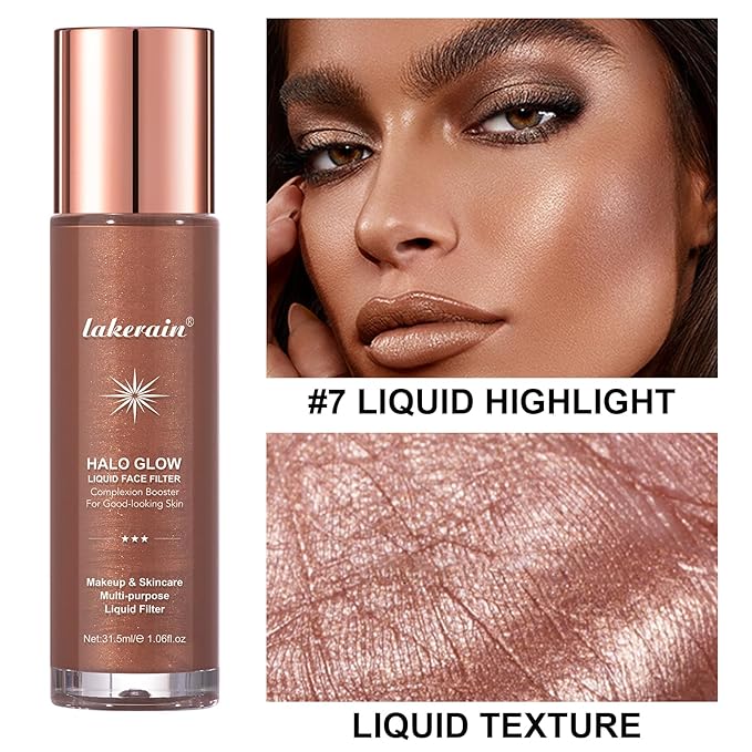 Natural Glow Liquid Filter Makeup, Longwear Face Luminizer, Complexion Booster For Any Part of the Body, Liquid Highlighter with Brush Kit, Infused Hyaluronic Acid, 1.06 fl oz (#07 DEEP/RICH)