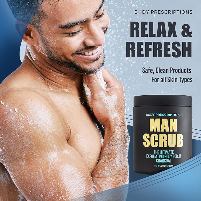 Body Prescriptions Men’s Exfoliating Body Scrub – Ultimate Skin Cleansing Wash in Jar with Twist-Top Lid, For All Skin Types, 21 Ounce (Pack of 4), Charcoal