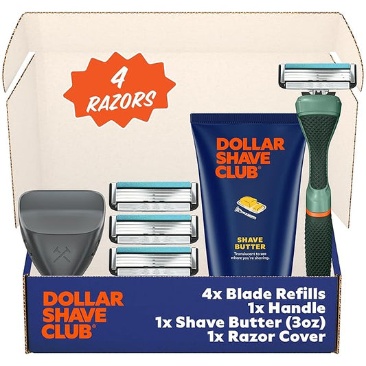 Dollar Shave Club | The Member Exclusive Shave Set | 4 Swift Rinse Refill Cartridges, 1 Handle (Green), 1 Shave Butter 3 ounce, 1 Razor Cover