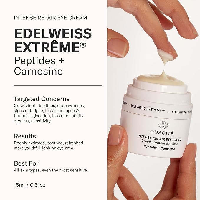 ODACITE Edelweiss Extreme Intense Repair Eye Cream - Anti-Aging Treatment with Carnosine Peptides for Youthful Eyes - Vegan Skincare - Sensitive Skin Friendly - For All Skin Types - 0.51 oz