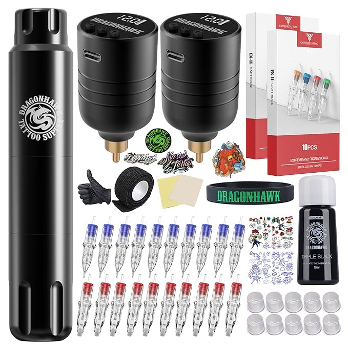 Dragonhawk Wireless Tattoo Kit, S12 Rotary Tattoo Pen Machine Gun, 2 Replaceble Batteries for Long Run Time, Tattoo Kit for Beginner Play & Learn