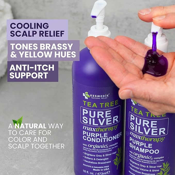 Tea Tree Purple Shampoo & Conditioner Set for Blonde, Bleached, Silver & Grey Hair, Anti-Brass Toner, Boosts Highlights & Color, Revitalizes, Relieves Itchy Scalp & Salon-Grade Hair Toner.