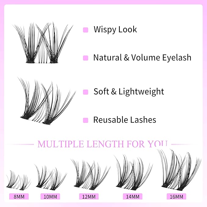 VEYESBEAUTY Lash Clusters Kit Eyelash Extensions Thin & Invisible Band DIY Individual False Eyelashes Newbie's Five-Second Series Lash Tray for Self-application, Whisper Lash 8-16mm Mixed Length