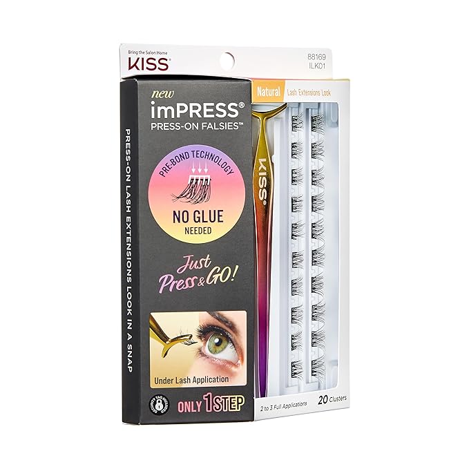 KISS imPRESS Falsies Press On Self Adhesive Eyelashes, 12mm-14mm Natural Volume Press On Lashes, Black, No Glue Needed, Invisible Band, 20 Lash Clusters & Non-Stick Applicator - Natural