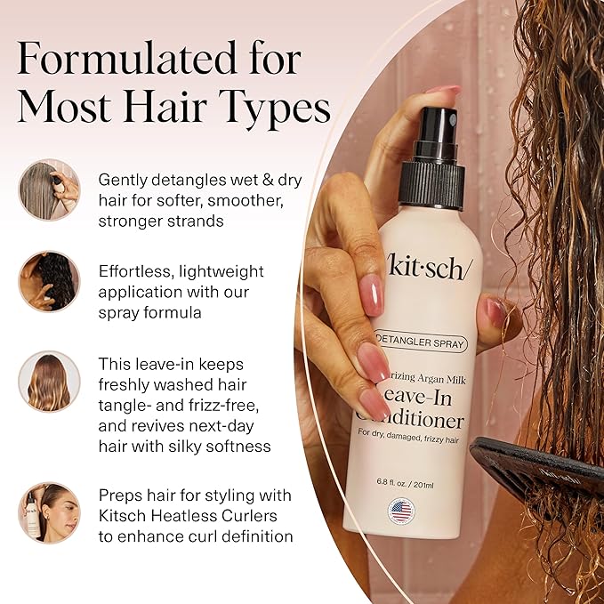 Kitsch Argan Milk Leave In Conditioner Spray – Lightweight Moisturizing Hair Spray for Women and Men - Hair Detangler Spray for Curly, Wavy, Fine, Dry & Damaged Hair - Silicone-Free - 6.8oz