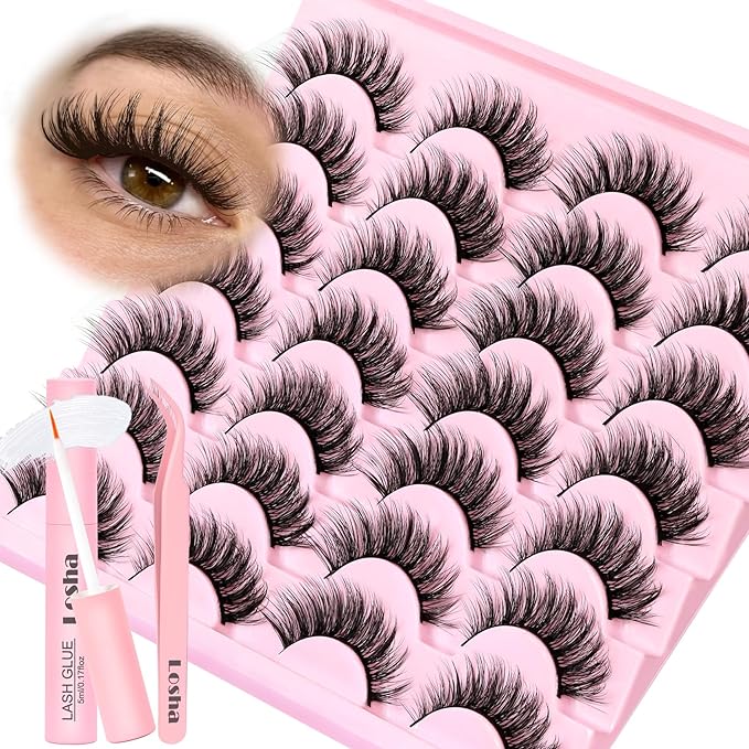 Losha Lashes Wispy False Eyelashes Natural Cat Eye Lashes Kit with Lash Glue and Lash Tweezers 14 Pairs Short Fake Eyelashes Soft Thin Faux Mink Lashes Pack (Lighter)