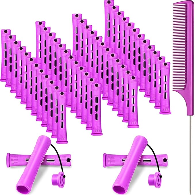48 Pieces Hair Perm Rods Short Cold Wave Rods Plastic Perming Irons Hair Curling Rollers Curlers with Steel Pintail Comb Rat Tail Comb for Hairdressing Styling Supplies(0.75 Inch,Purple)