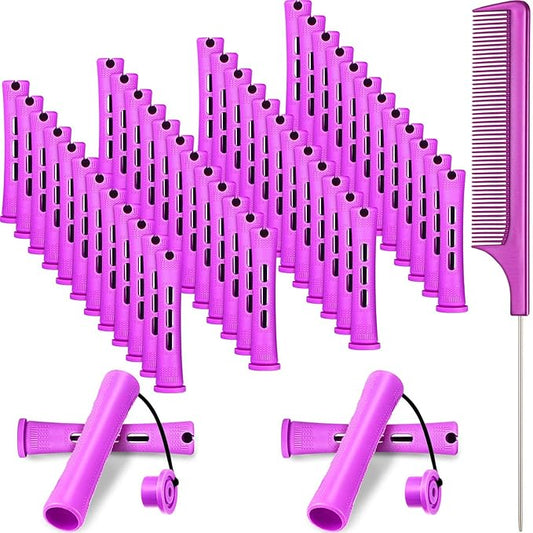 48 Pieces Hair Perm Rods Short Cold Wave Rods Plastic Perming Irons Hair Curling Rollers Curlers with Steel Pintail Comb Rat Tail Comb for Hairdressing Styling Supplies(0.75 Inch,Purple)
