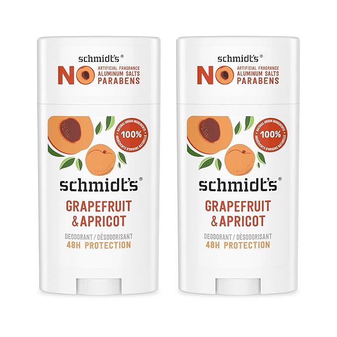 Schmidt's Aluminum-Free Vegan Deodorant Grapefruit & Apricot with 24-Hour Odor Protection, 2 Count for Women and Men, Natural Ingredients, Cruelty-Free 2.65 oz