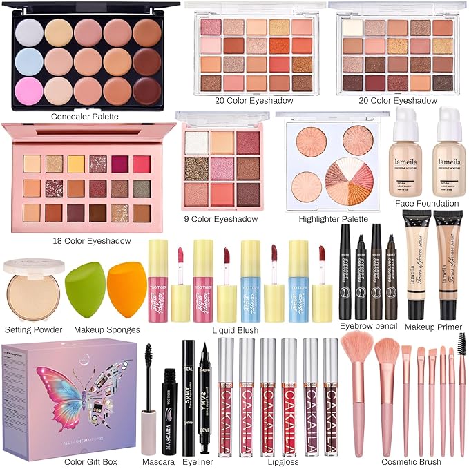 All in One Makeup Kit, Make Up Gift Set for Women, Makeup Kit for Women Full Kit, Includes Foundation Face Primer Eyeshadow Concealer Liquid Blush Lipgloss Eyeliner Mascara Cosmetic Brushes Set