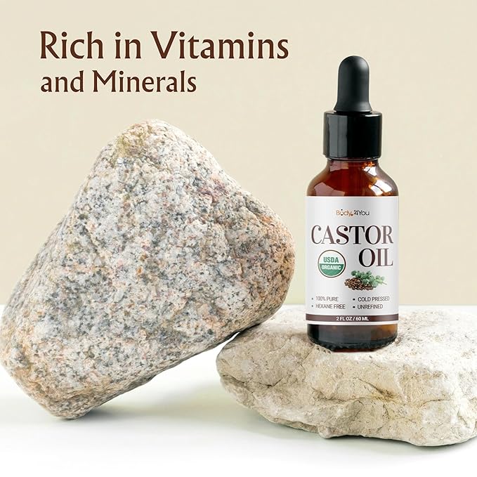 BodyJ4You Castor Oil for Eyelashes Eyebrows - 100% Pure Natural USDA Organic Cold Pressed - Hydrating Skin Hair Growth Oil Lashes Scalp - Non-GMO Hexane Free Unrefined Carrier - Glass Bottle 2 Fl Oz