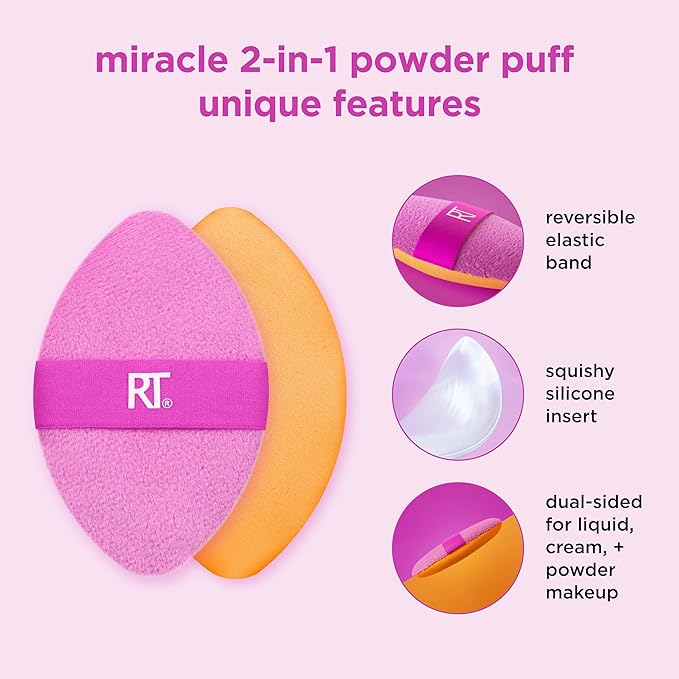 Real Techniques Miracle 2-In-1 Powder Puff + Travel Case, Dual-Sided Makeup Blending Puff, Elastic Band, Precision Makeup Sponge & Powder Puff, For Liquid, Cream & Powders, Travel Case, 2 Count