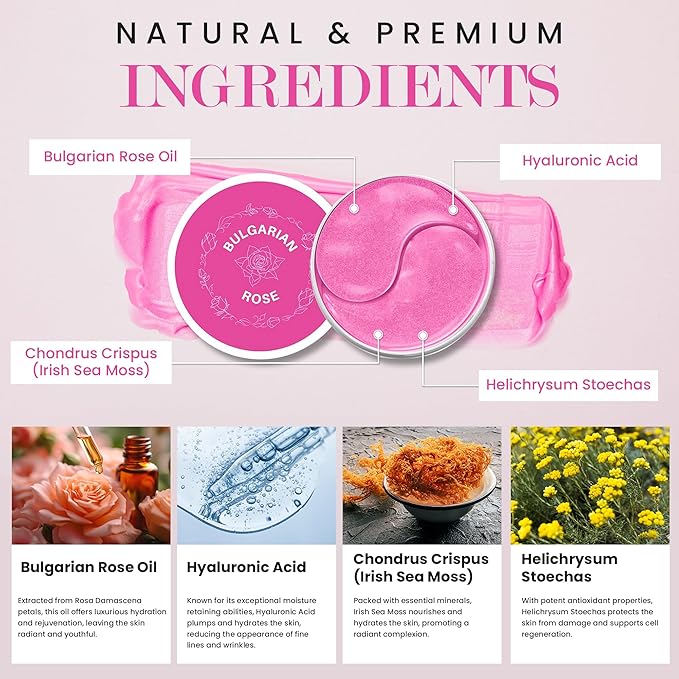 Under Eye Mask Under Eye Gels with Irish Sea Moss Bulgarian Rose and Hyaluronic Acid 60 Eye Gels (30 Pairs) Eye Masks for Men and Women