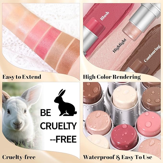 3 Pcs Cream Waterproof Blush Contour Highlighter Stick Finishing Makeup