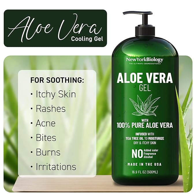 New York Biology Aloe Vera Gel for Face, Skin and Hair - Infused with Tea Tree Oil - From Fresh Aloe Vera Plant - Moisturizing Aloe Vera for Sunburn Relief and Dry Skin - 16.9 Fl Oz - Pack of 2