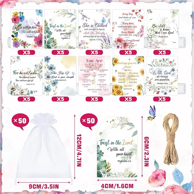 50 Sets Christian Gifts Bulk Lip Balms for Women Honey Religious Scripture Bible Verse Lip Balm Inspirational Motivational Thank you Gifts Floral Church Sunday School Party Favors