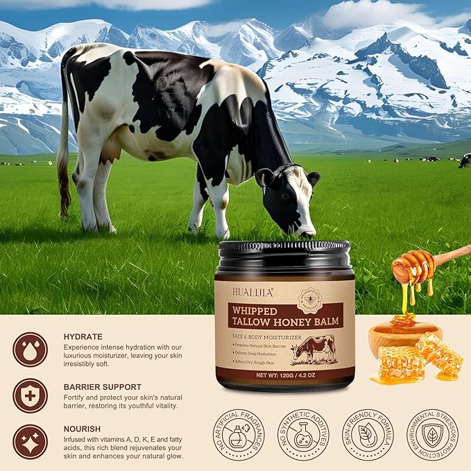 Organic Beef Tallow for Skin, Tallow Face Moisturizer, Tallow and Honey Balm, Grass-Fed Whipped Beef Tallow and Honey Cream, Deeply Moisturizing for Face & Body, Suitable for Dry & Aging Skin,4.2 oz