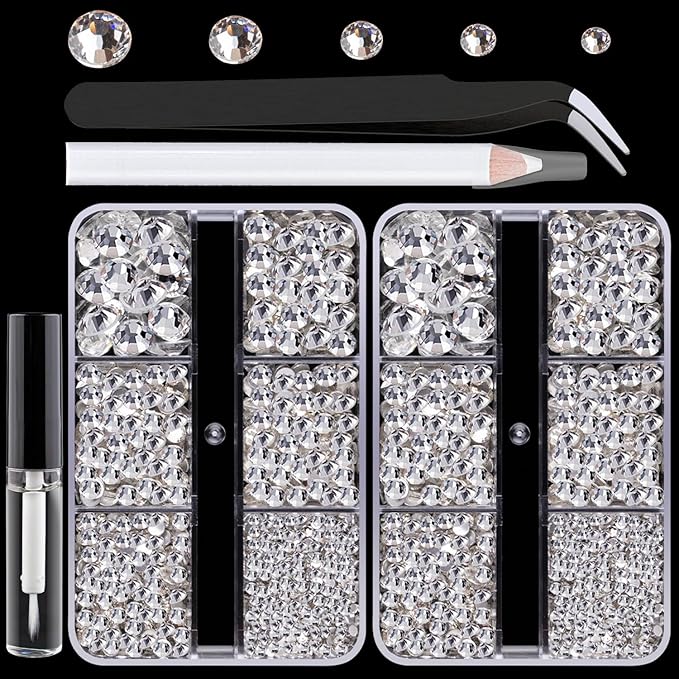 Colorful Face Gems for Makeup Set, Flatback Gorgeous Charming Clear Glass Gems with Picker Pencil, Makeup Glue, Tweezer for Eye Body Hair Make-up and Nail Art Deco