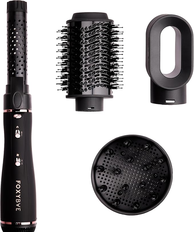 Foxybae Super Styler – 4-in-1 Blow Dryer Brush Set - Diffuser, Blowout Brush, 1.25” Curling Barrel & Drying Cylinder - Voluminous, Frizz-free Hair - Blow Dryer, Straightener & Curler [Black Rose-Gold]