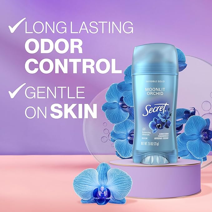 Secret Fresh Antiperspirant Deodorant for Women, 72hr Breathable Sweat & Odor Protection, Instant Freshness & Gentle, PH Balancing Minerals, Invisible Solid, Moonlight Orchid Scent, 2.6 oz